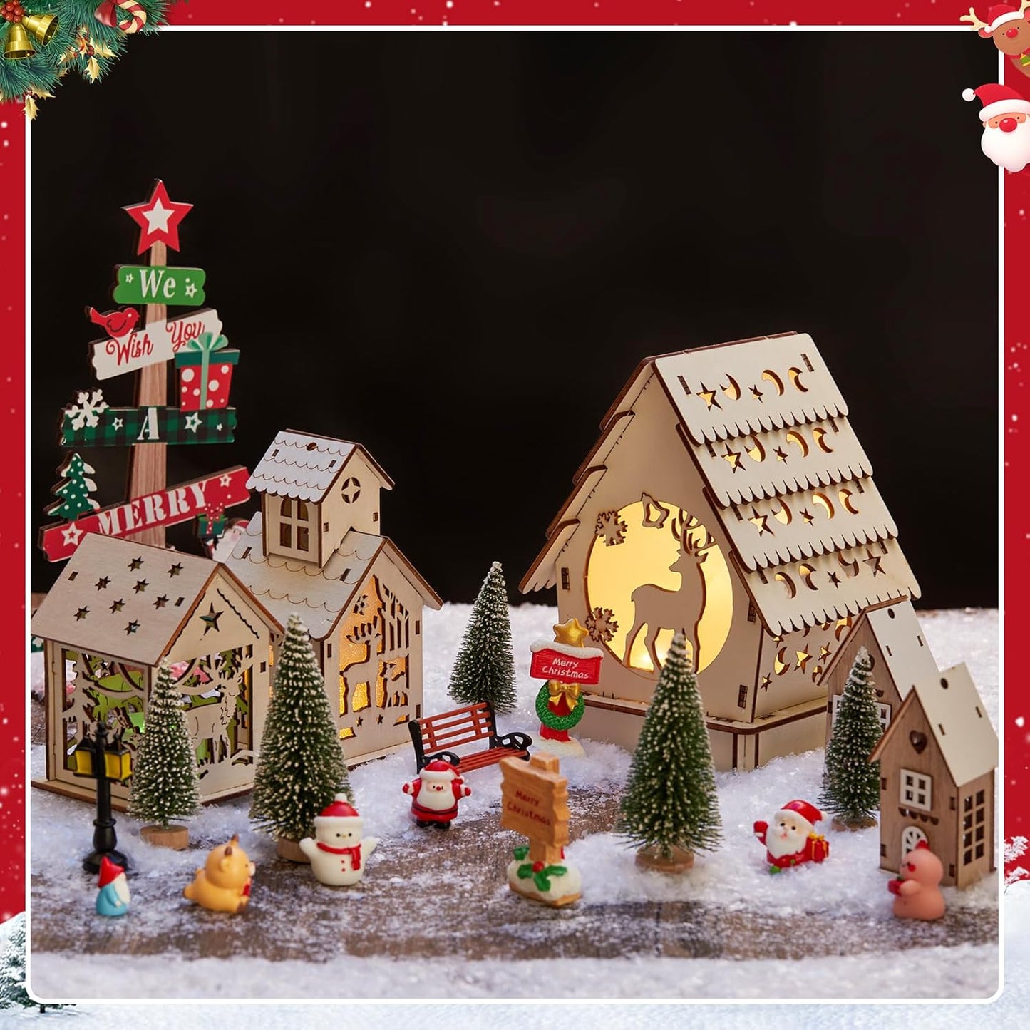 Skiennix 29-Piece Christmas Village Set - Lighted Wooden Houses with Miniature Trees & Ornaments