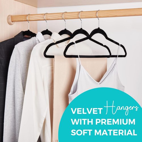 HOUSE DAY Premium Velvet Hangers - 50 Pack Black Non-Slip Flocked Felt Hangers for Space Saving