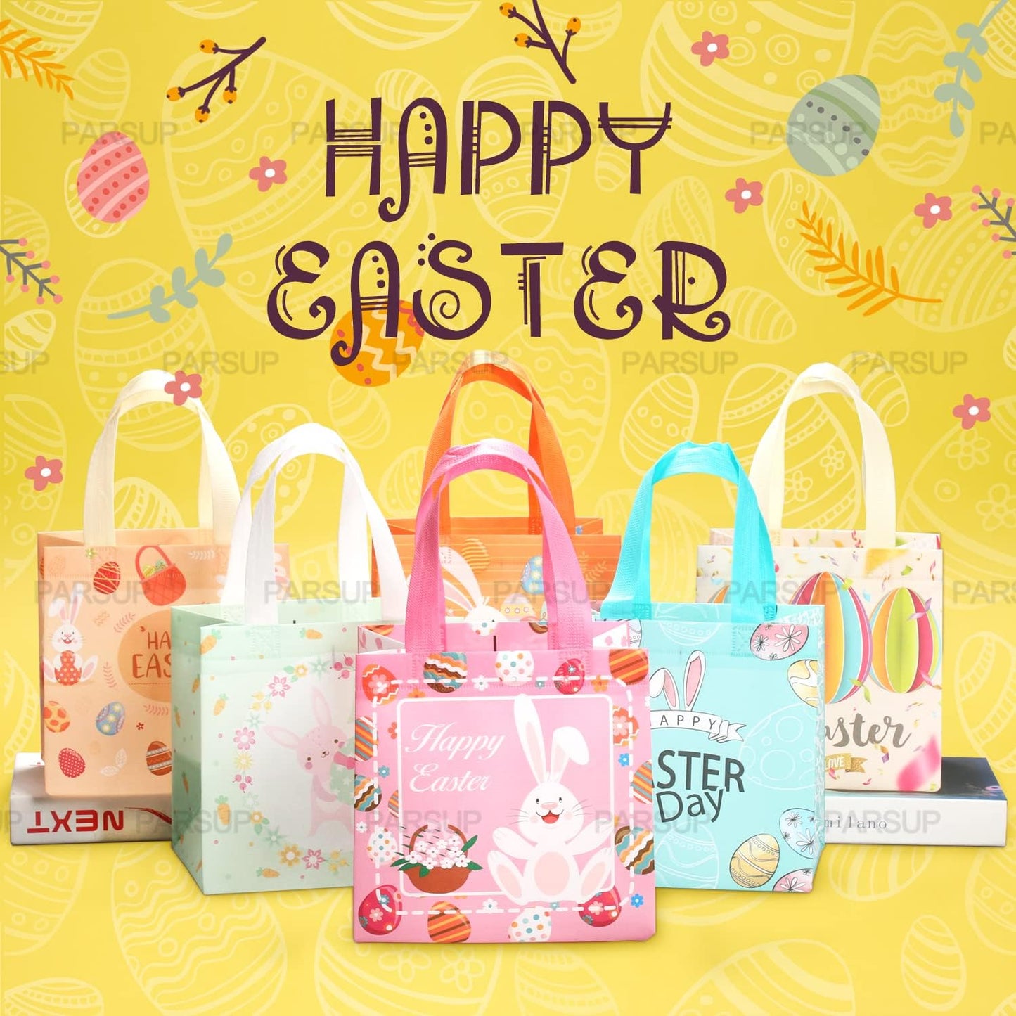 PARSUP 6PCS Happy Easter Bunny Carrot Chick Egg Hunt Gift Treat Multifunctional Non-Woven Bags with Handles,Easter Party Supplies for Gifts Wrapping, 8.3×7.9×5.9inch