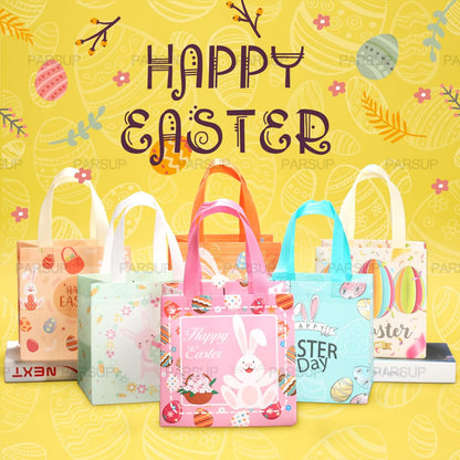PARSUP 6PCS Happy Easter Bunny Carrot Chick Egg Hunt Gift Treat Multifunctional Non-Woven Bags with Handles,Easter Party Supplies for Gifts Wrapping, 8.3×7.9×5.9inch