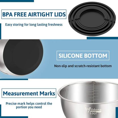 Wildone Mixing Bowls Set - Stainless Steel Nesting Bowls with Airtight Lids & Non-Slip Bottoms | 5 Sizes (1.5 to 8 QT)
