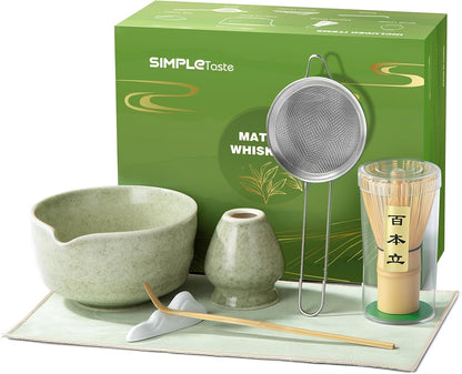 SIMPLETaste Matcha Whisk Set - 7-Piece Ceramic Kit with Bowl, Whisk, Bamboo Scoop & More | Perfect for Matcha Lovers (Green)