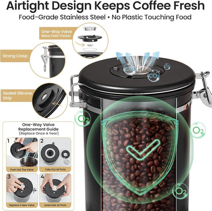 Veken Coffee Canister - Airtight Stainless Steel Food Storage Container | 39oz for 2.2lbs Beans, Sugar, Tea, Black
