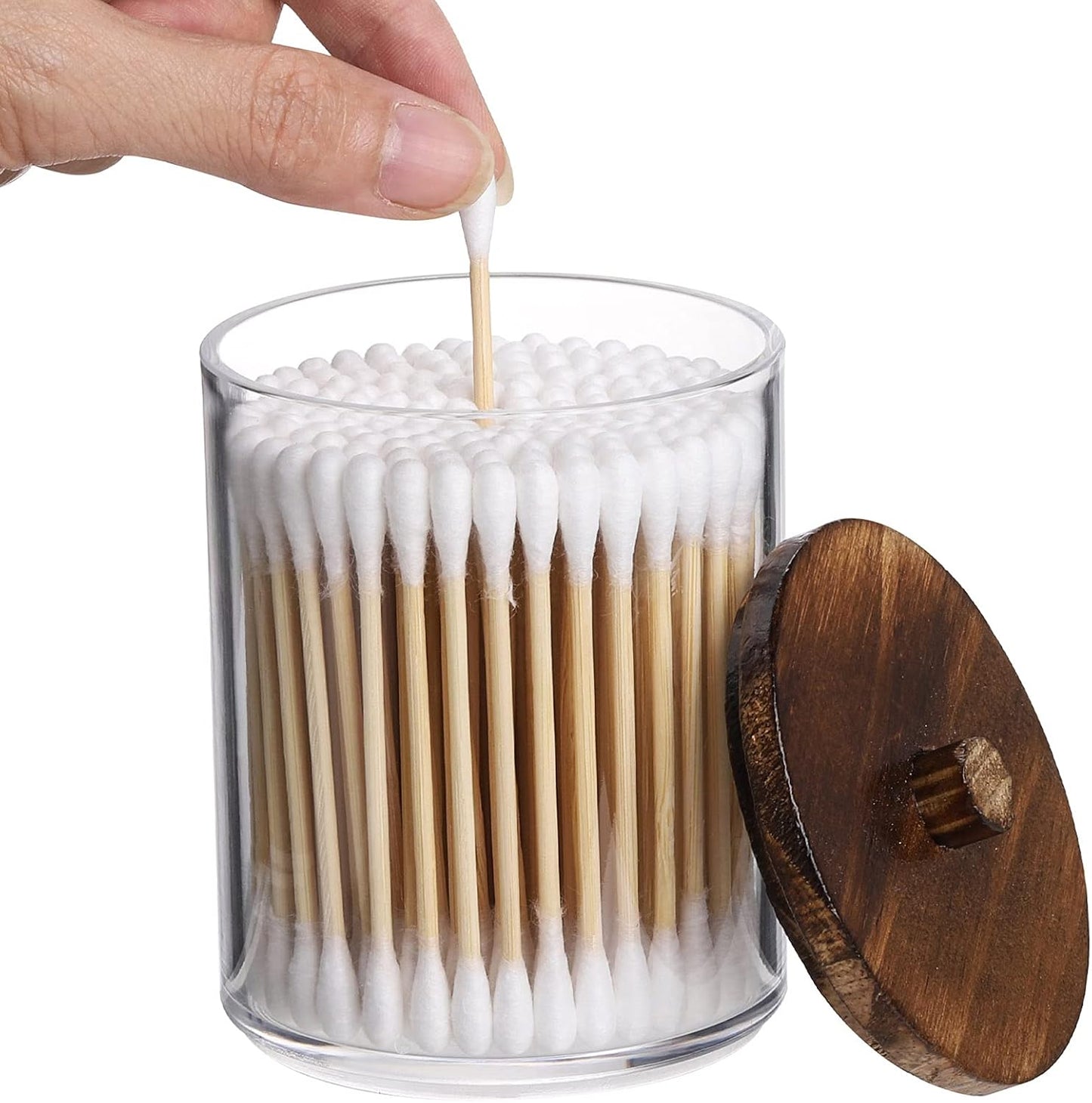 Tbestmax Cotton Swab Holder - Clear Apothecary Jar with Brown Wood Lids | 3 Pack Bathroom Storage