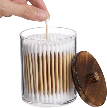 Tbestmax Cotton Swab Holder - Clear Apothecary Jar with Brown Wood Lids | 3 Pack Bathroom Storage