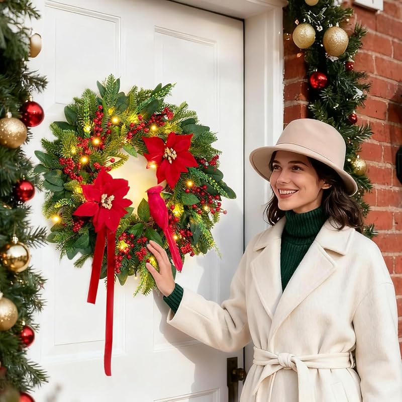 24-Inch Pre-Lit Christmas Door Wreath with Cardinal Birds & Poinsettia