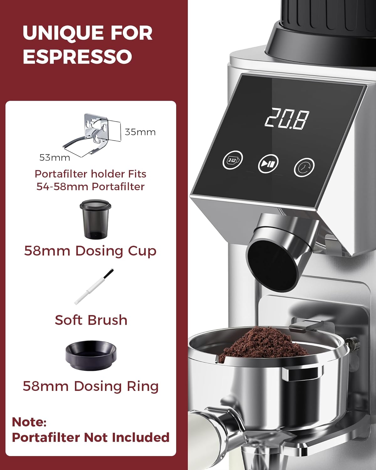 Tuni G1 Conical Burr Coffee Grinder - 48 Grind Settings, Precision Timer & LED Touchscreen - Stainless Steel Silver