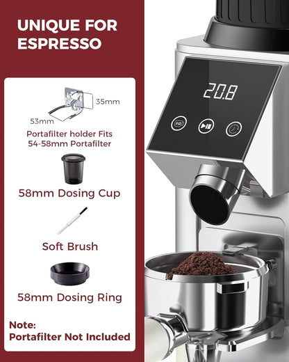 Tuni G1 Conical Burr Coffee Grinder - 48 Grind Settings, Precision Timer & LED Touchscreen - Stainless Steel Silver