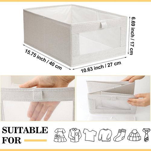 Kigley Linen Closet Organizers - 12 Pcs Foldable Storage Bins with Window for Clothes & Toys | Beige