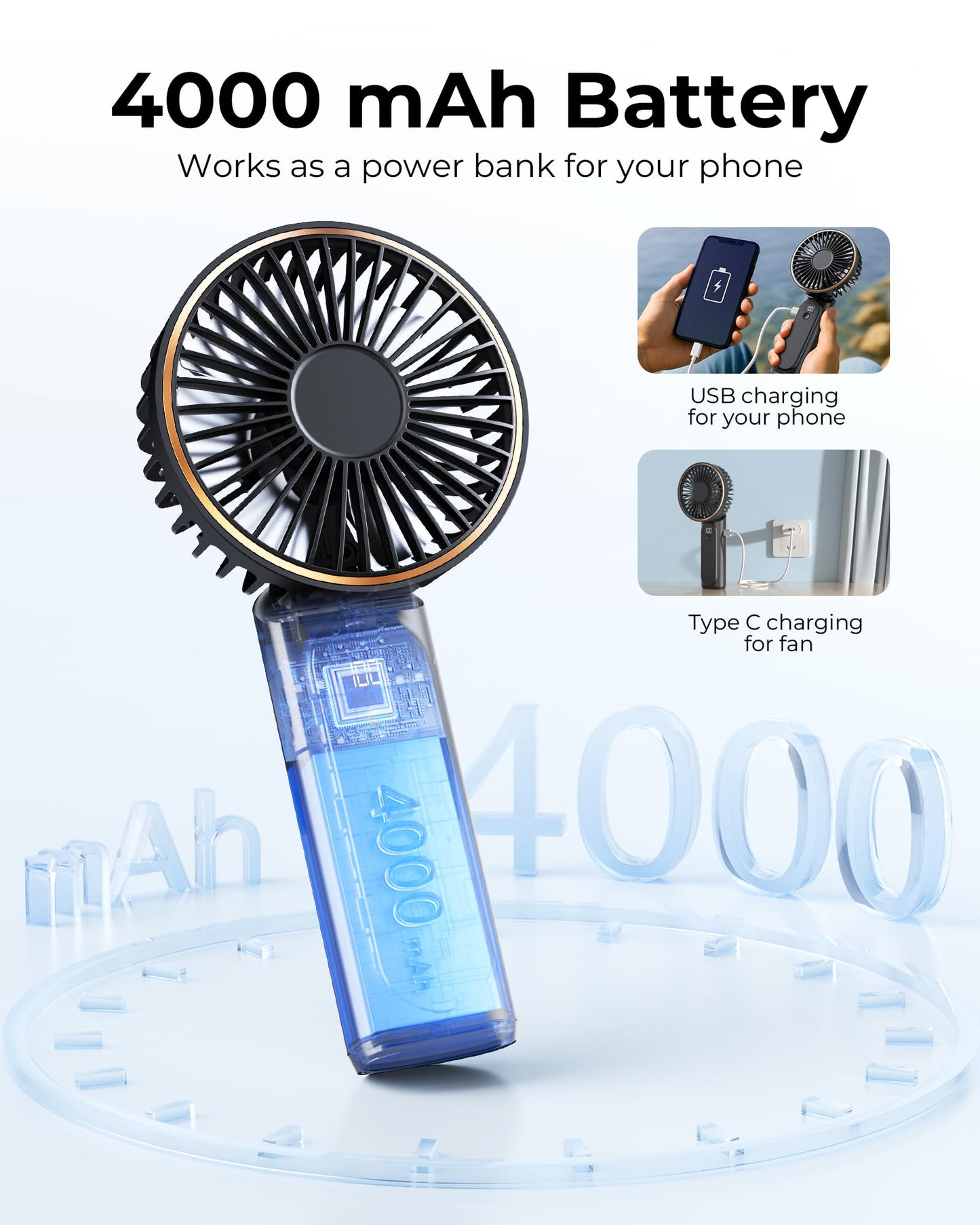 TUNISE Portable Handheld Fan, Portable Fan Rechargeable, 4000mAh, 180° Adjustable, 6 Speed Wind, Display Electricity in Real Time, USB Rechargeable Foldable F an, Quiet Personal Fan as Power Bank