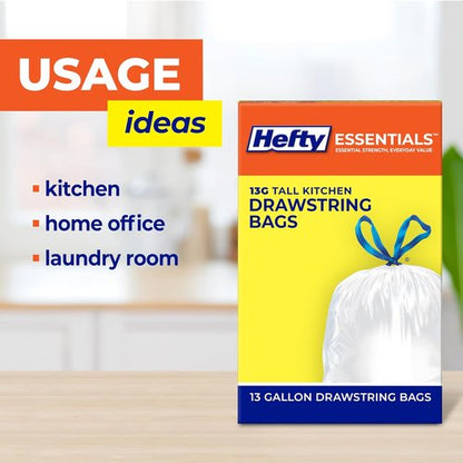 Hefty Essentials 13 Gallon Kitchen Trash Bags - 120 Count Tall Unscented | Easy Tie & Lift, White