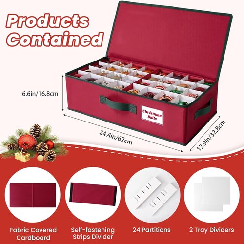 BlessedSeason Christmas Ornament Storage Box | Holds Up to 64 3” Balls - Adjustable Dividers & Dual Zipper
