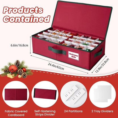 BlessedSeason Christmas Ornament Storage Box | Holds Up to 64 3” Balls - Adjustable Dividers & Dual Zipper