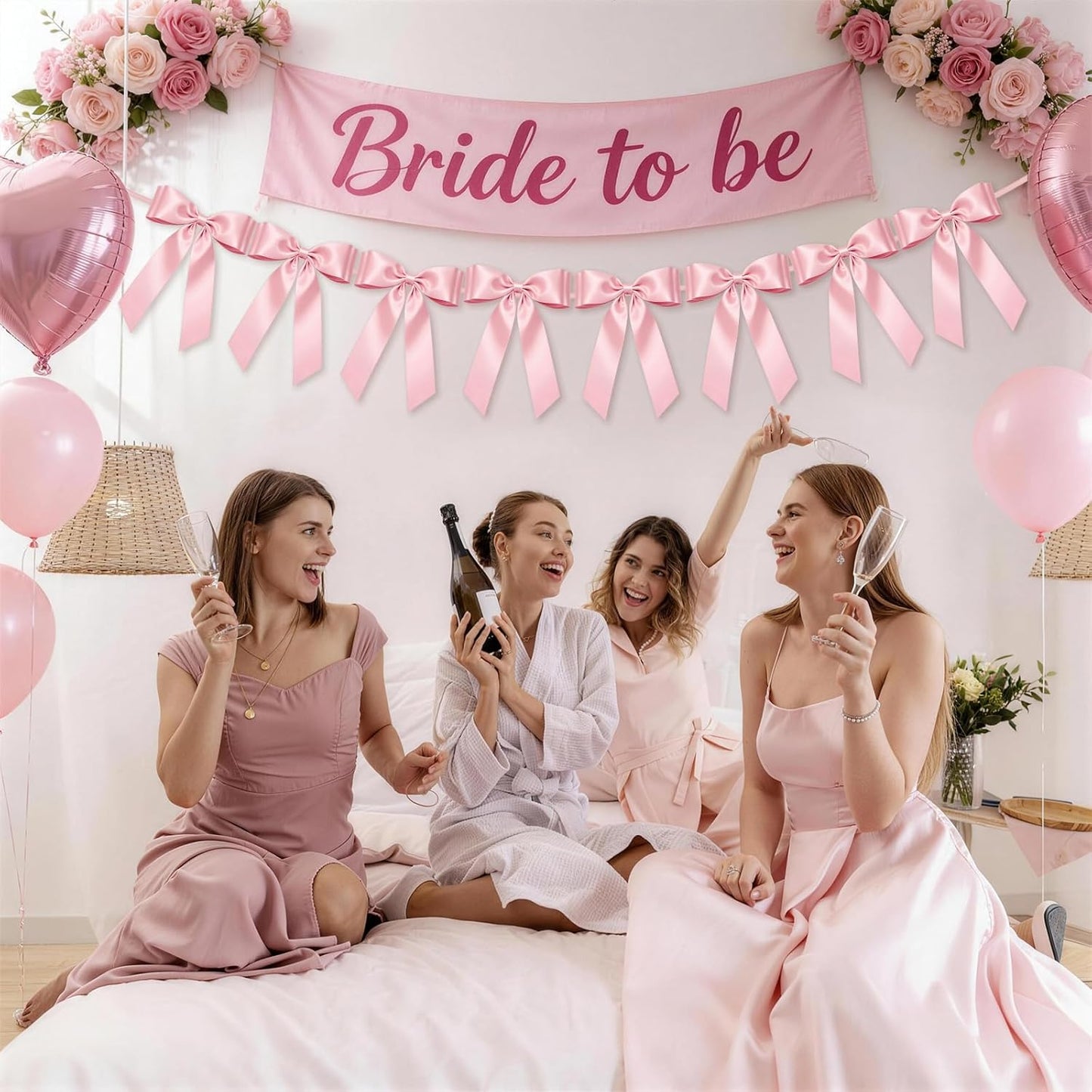 Skiennix Pink Bow Garland Banner - 8 Pre-Strung Double-Layer Satin Ribbon Bows | Reusable Valentine's Day Decor for Baby Showers & Parties