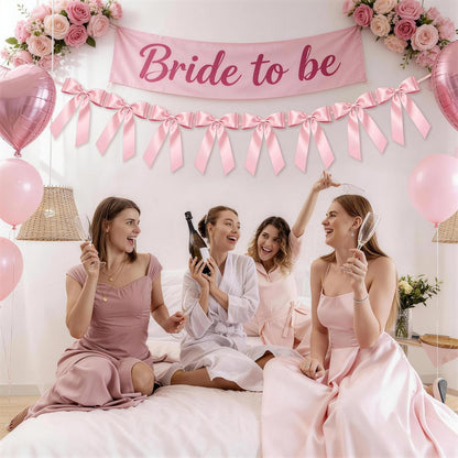 Skiennix Pink Bow Garland Banner - 8 Pre-Strung Double-Layer Satin Ribbon Bows | Reusable Valentine's Day Decor for Baby Showers & Parties