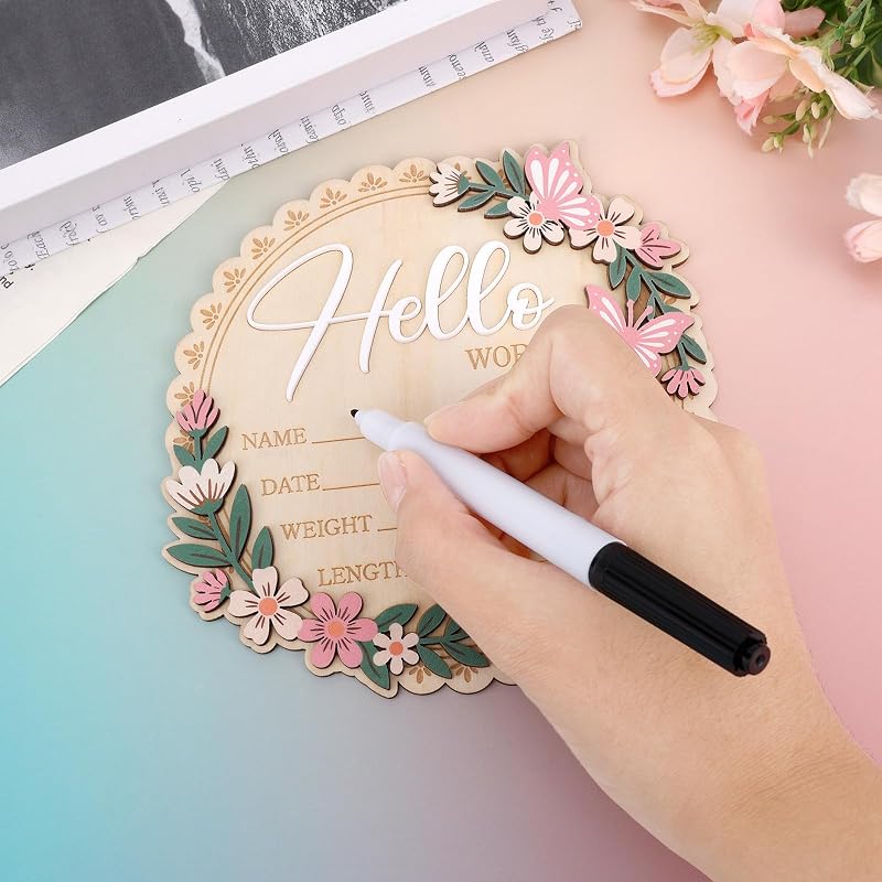 Wooden Newborn Announcement Sign with Pen - Hello World Nursery Keepsake 15x15cm