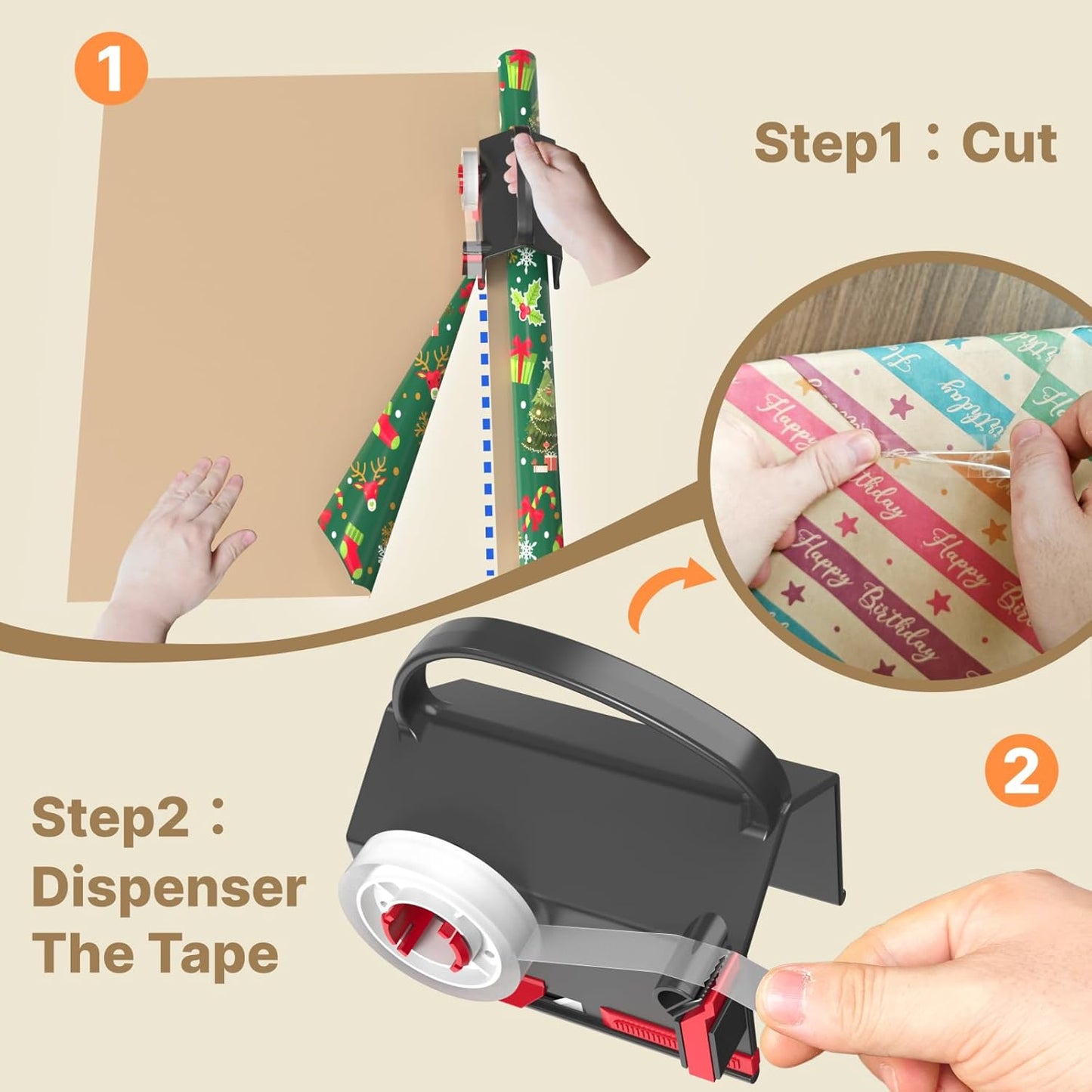 Wraprocut Wrapping Paper Cutter & Tape Dispenser - 2-Pack with 4 Tapes for Effortless Gift Wrapping