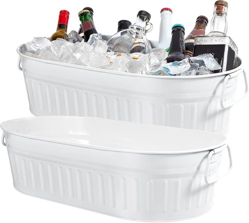 Lallisa 2 Pcs 5.3 gallons Galvanized Beverage Tub Galvanized Bucket Metal Ice and Drink Bucket with Handles Tub for Parties Farmhouse Home Pool Bar (Sliver)