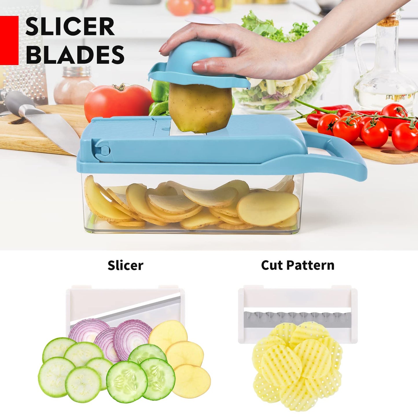 Vegetable Chopper, Pro Onion Chopper, 14 in 1Multifunctional Food Chopper, Kitchen Vegetable Slicer Dicer Cutter,Veggie Chopper With 8 Blades,Carrot and Garlic Chopper With Container(blue)