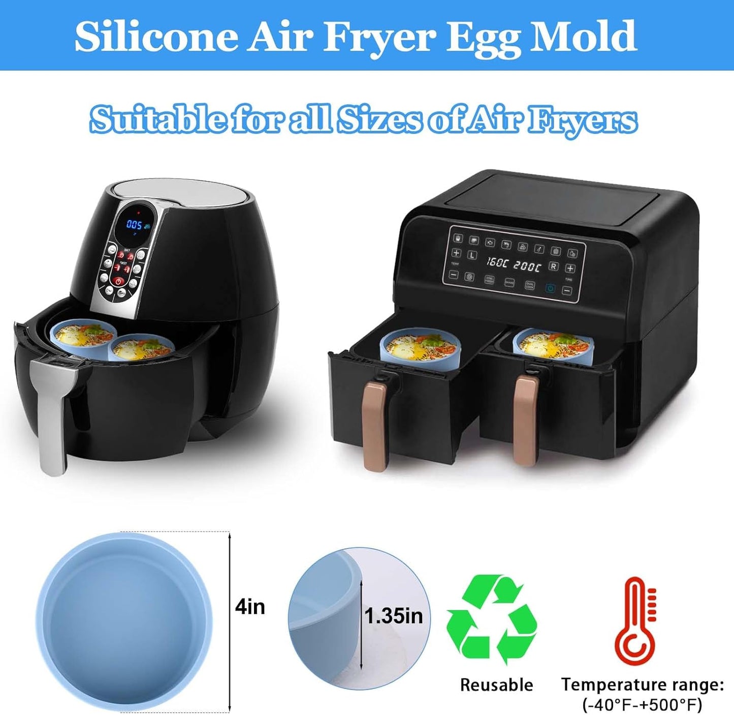 XANGNIER Silicone Egg Bites Pan - 3 Pcs Reusable Nonstick Air Fryer Accessories, BPA Free, Blue