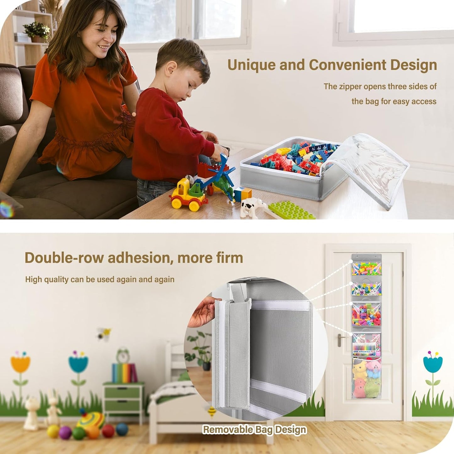 Woodoulogy Hanging Toy Storage - Over Door Stuffed Animal Organizer with 4 Removable Bags & Mesh Pocket