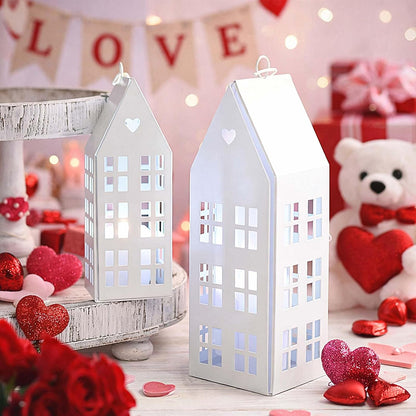 SiliFine White Farmhouse Village Set - 2 Rustic Houses with Candles for Home Decor | Wedding & Valentine's Day