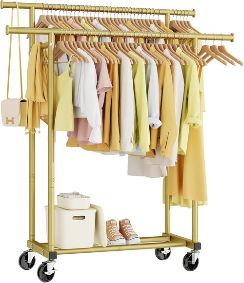 HYSEYY Double Rod Clothing Rack - Sturdy Portable Garment Rack for Bedroom & Laundry | Gold Finish