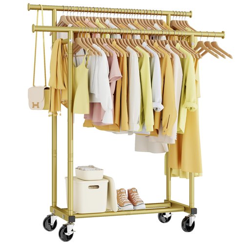 HYSEYY Double Rods Clothes Rack, Sturdy Rolling Clothing Rack, Portable Clothing Racks for Hanging Clothes - Metal Garment Rack Wardrobe Coat Rack for Bedroom Laundry Living Room, Gold