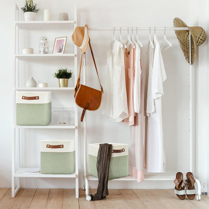 Patvingot Foldable Fabric Storage Cubes - Sturdy 11x11 Inch Organizer Bins with Leather Handles | White/Green 6-Pack