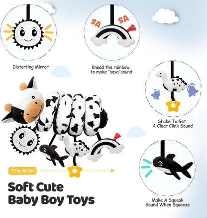Skiennix Spiral Car Seat Baby Toy - High Contrast Sensory Hanging Stroller Accessory | Black & White Cow for Infants 0-6 Months