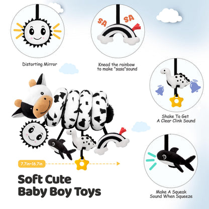 Spiral Car Seat Baby Toys 0-6 Months, Infant Carseat High Contrast Sensory Toys Hanging Stroller Accessories, Newborn Shower Gifts for Baby Boys Essentials Stuff, Cute Black and White Cow
