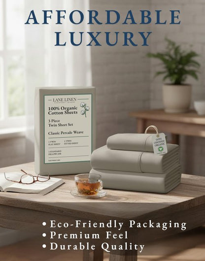 LANE LINEN 100% Organic Cotton Sheets Twin Size, Soft & Comfy Mercerized Fully Elasticized Naturally Temperature Regulating Sustainably Produced Luxury Hotel Quality Cotton Twin Sheet Set- Silver