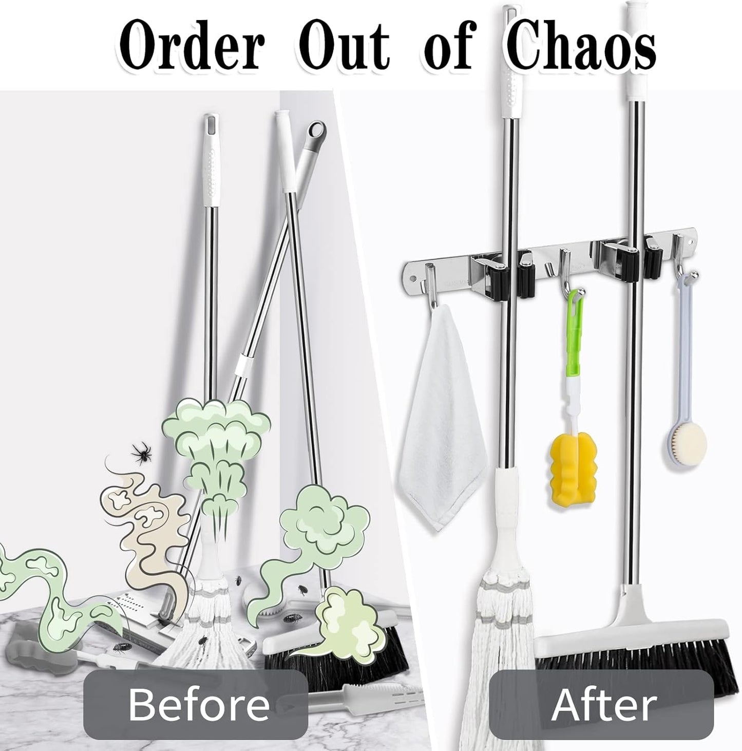 Skiennix Broom and Mop Holder - Wall Mounted Garage Organizer with Heavy Duty Hooks | Stainless Steel, Non-Slip
