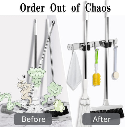 Skiennix Broom and Mop Holder - Wall Mounted Garage Organizer with Heavy Duty Hooks | Stainless Steel, Non-Slip