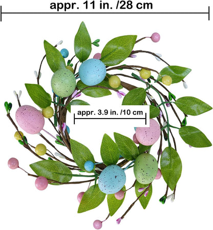 Winlyn Easter Egg Candle Rings - 4 Pcs Spring Wreaths with Pastel Eggs & Foliage | 11" Table Centerpiece Decor