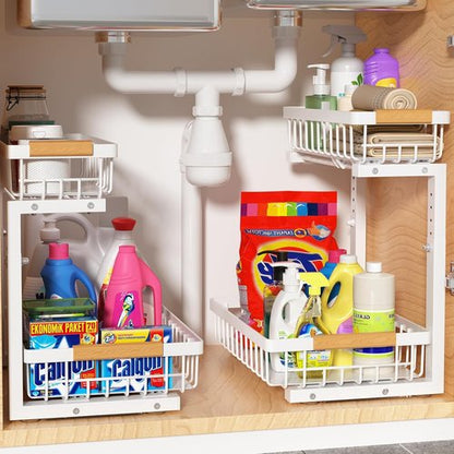Liuoud Under Sink Organizer - 2 Pack Adjustable 2-Tier Storage for Kitchen & Bathroom Cabinets - White