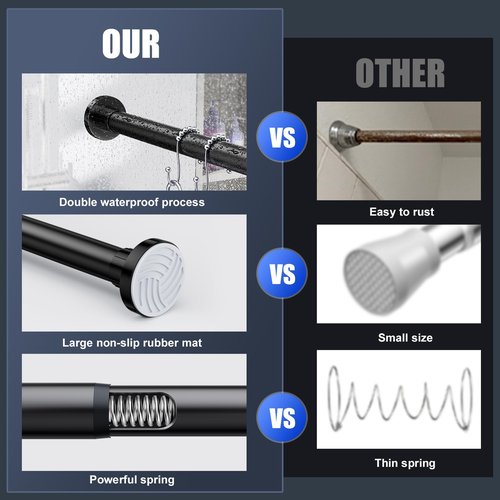 Ausemku Shower Curtain Rod 32-80 Inch Adjustable - 1 Inch Diameter Heavy Duty No drill Spring Tension Shower Rod, Non-Slip Rustproof Telescopic Rod for Bathroom, Black