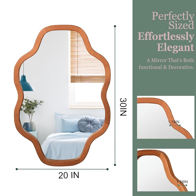 Cloud-Shaped Wall Mirror 20x30 in with Solid Wood Frame, Tempered Glass, Irregular Silhouette - Yellowish-Brown