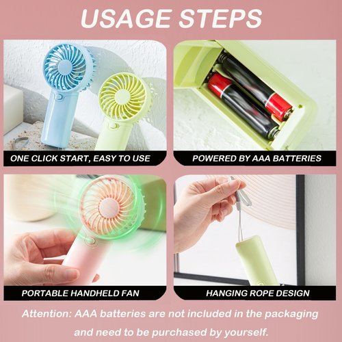 4 Pack Mini Portable Fan - 5'' AAA Battery Operated, Lightweight Handheld with 1 Speed & Lanyard - Quiet Personal Fan for Kids, Girls, Women & Men - Ideal for Office,Outdoor,Travel,Commute,Makeup