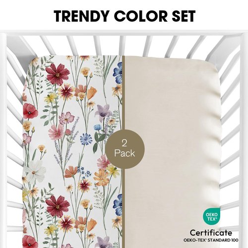 Little Grape Land Crib Sheets - Super Soft 2-Pack Fitted Sheets for Standard Crib & Toddler Mattress | Spring Flower & Beige