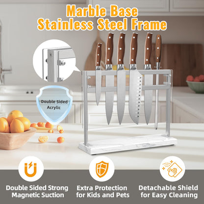 Magnetic Knife Stand Block with Marble Base, Double-sided Stainless Steel Magnets for Countertop with Acrylic Shield, Magnetic Knife Holder for Kitchen Storage, 12 IN, White