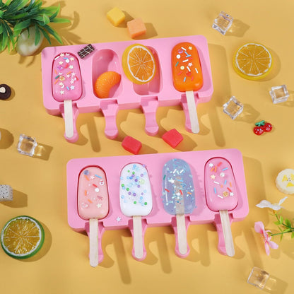 Ouddy Popsicle Molds - Silicone Ice Pop Maker Set with 4 Cavities & 50 Wooden Sticks | Pink