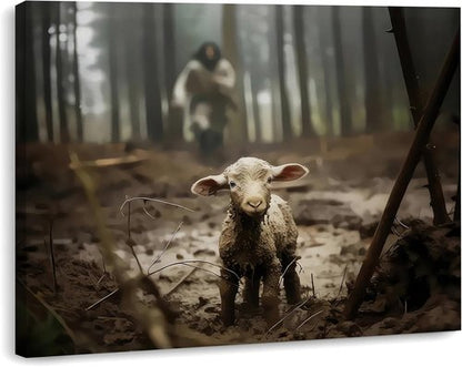 Framed Jesus Christ Wall Art - Canvas Painting of Jesus and Lamb | Biblical Decor 12" x 16"