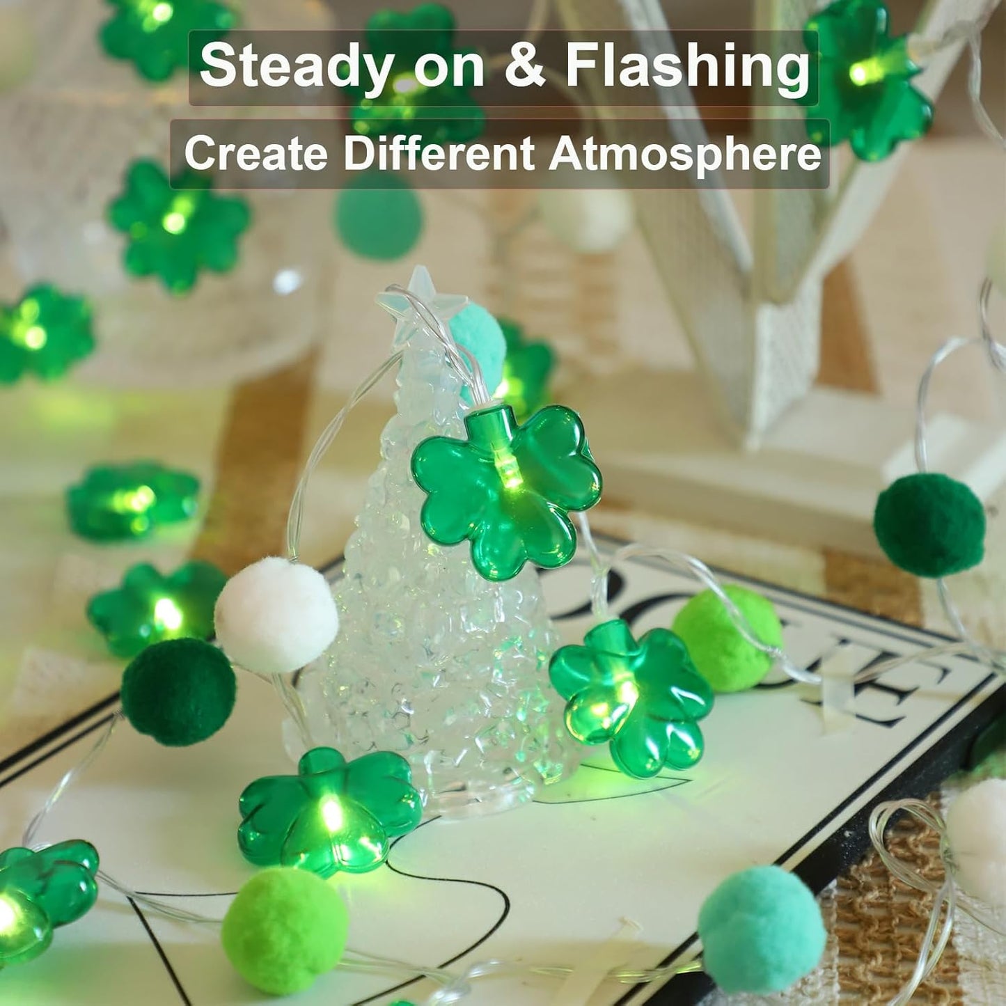 Skiennix St. Patrick's Day Lights Garland - 20 LED Lucky Clover Pompoms | 9.85ft Indoor Decor