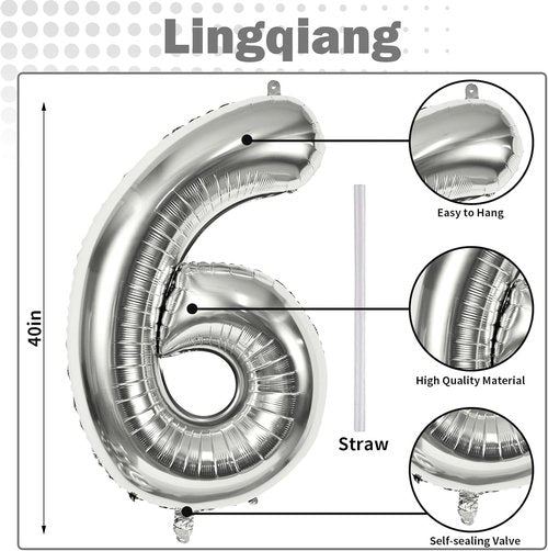 40" Silver Number 6 Balloon by Helium Foil - Large Self-Inflating Birthday Party Decoration for All Ages
