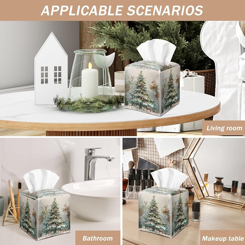 Christmas Tree Tissue Box Cover with Bottom Belt - Winter PU Leather, 5.2 x 5.2 x 5.2 Inches, Securable, White