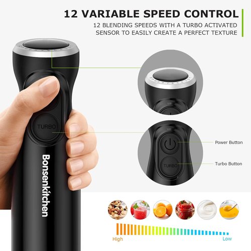 Immersion Hand Blender - 12-Speed Turbo Mode Mixer with Egg Whisk & 24oz Beaker for Smoothies & Sauces