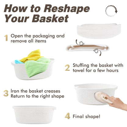 Yeeeasy Small Woven Basket - Cute Gift Basket with Ribbons | 12"x8"x5" White Storage Solution