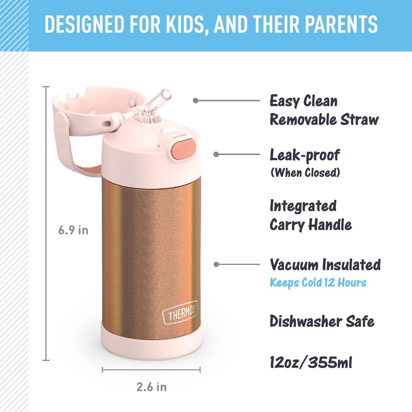 THERMOS FUNTAINER 12 Ounce Stainless Steel Kids Straw Bottle - Vacuum Insulated, Rose Gold