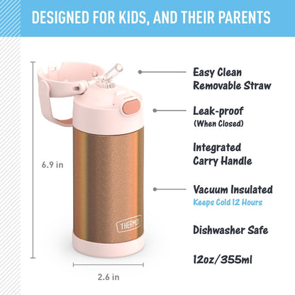 THERMOS FUNTAINER 12 Ounce Stainless Steel Kids Straw Bottle - Vacuum Insulated, Rose Gold